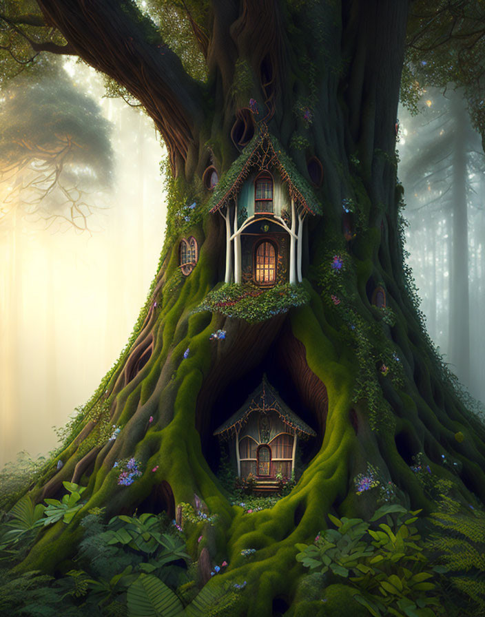 Enchanting treehouse in ancient tree amid misty forest