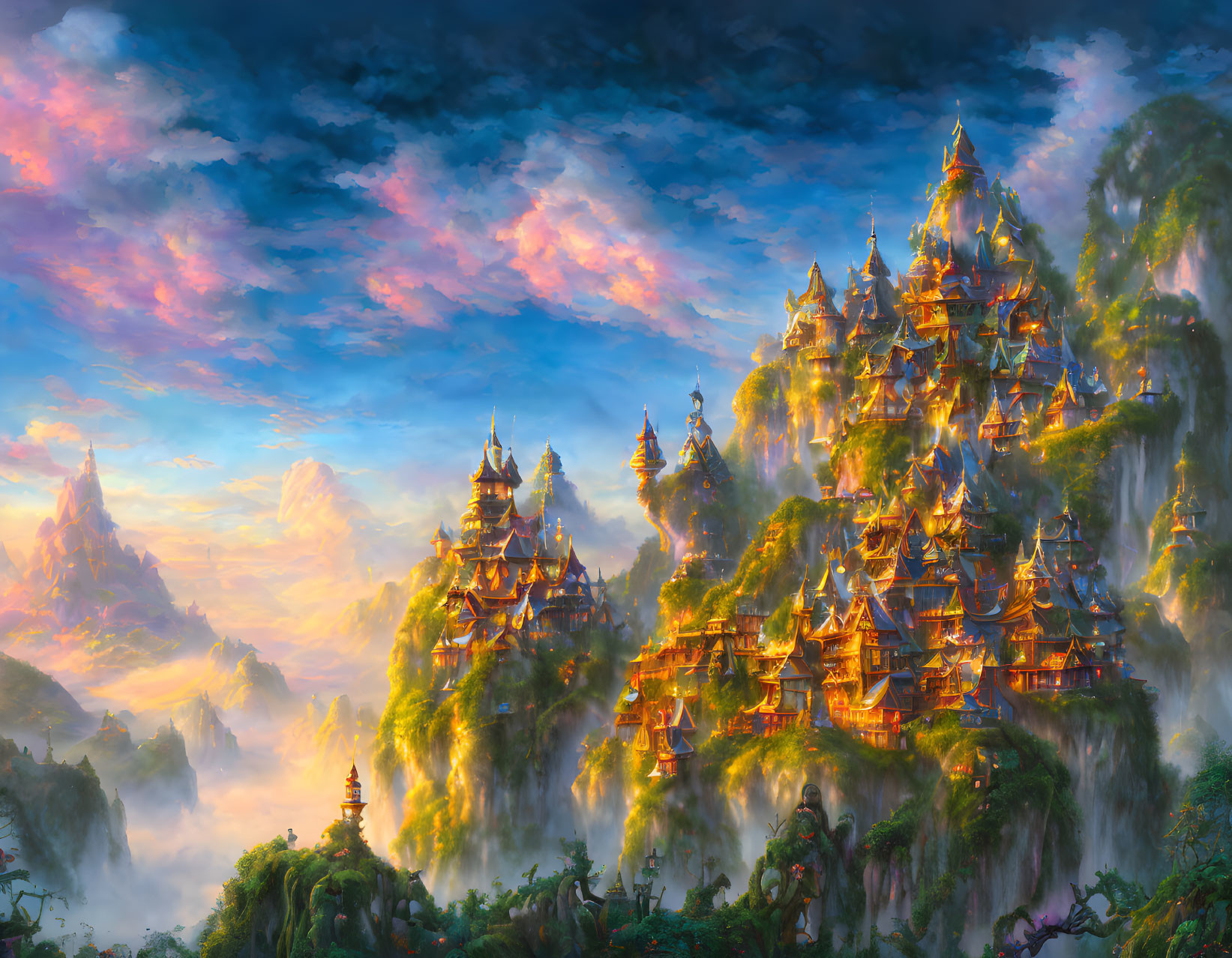 Mystical city with ornate buildings on lush cliff at dawn