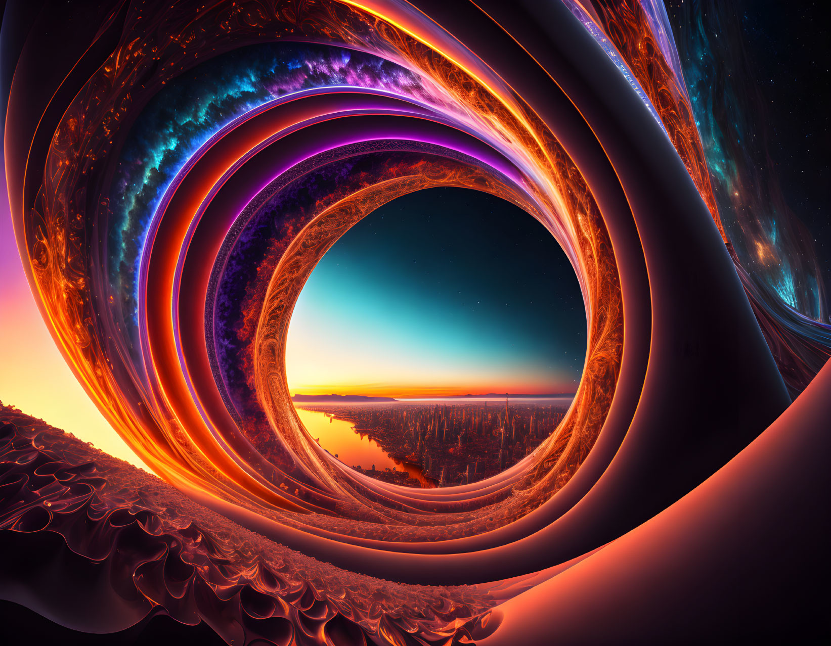 Colorful digital artwork: surreal landscape with swirling patterns in warm oranges to cool purples under star