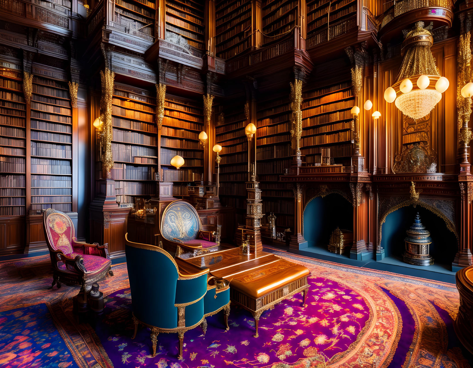 Luxurious Library with Towering Bookshelves and Ornate Furniture