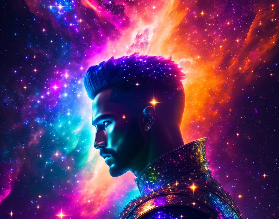 Man with Stylish Haircut on Cosmic Background: Futuristic Aura