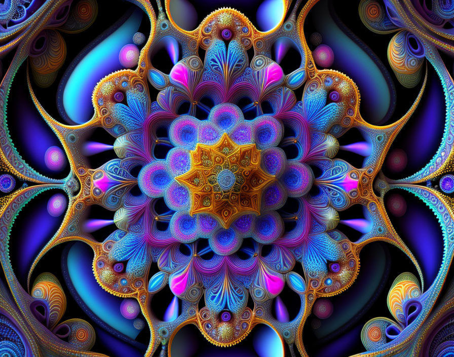 Symmetrical kaleidoscopic fractal with vibrant blues, purples, and golds