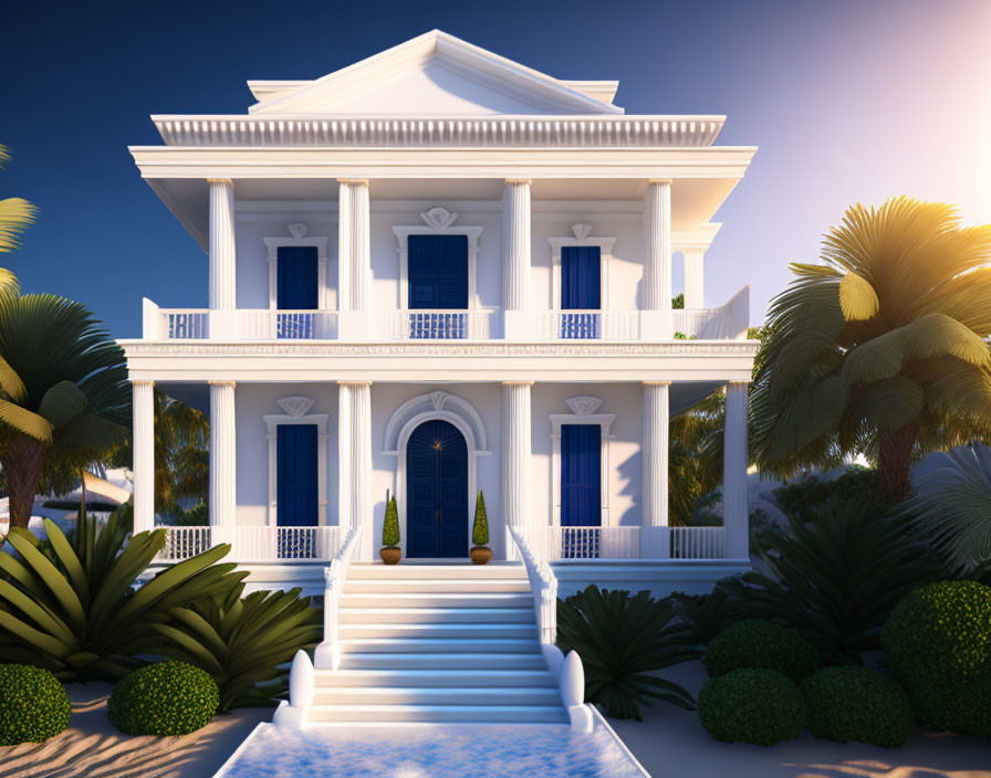 Grand two-story white house with blue shutters, columns, palm trees, and sunset glow