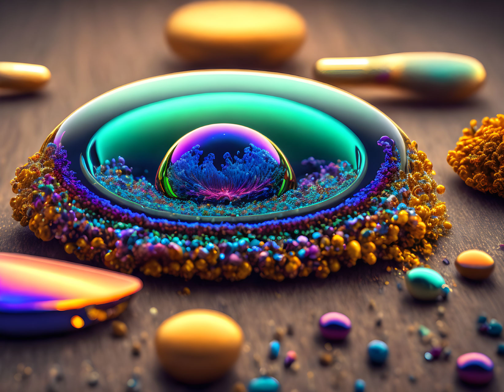 Vibrant soap bubble with intricate patterns on wooden surface