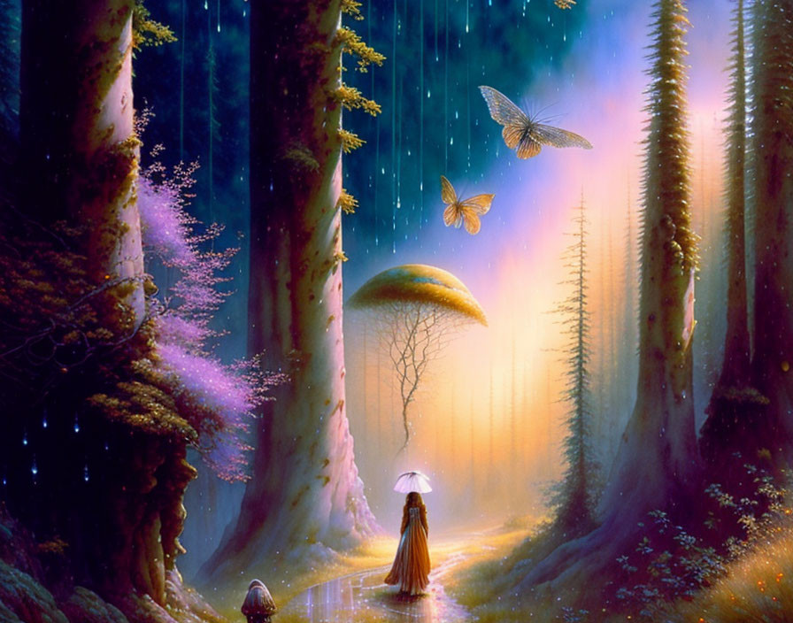 Enchanted forest glade with moon, butterflies, and illuminated figure