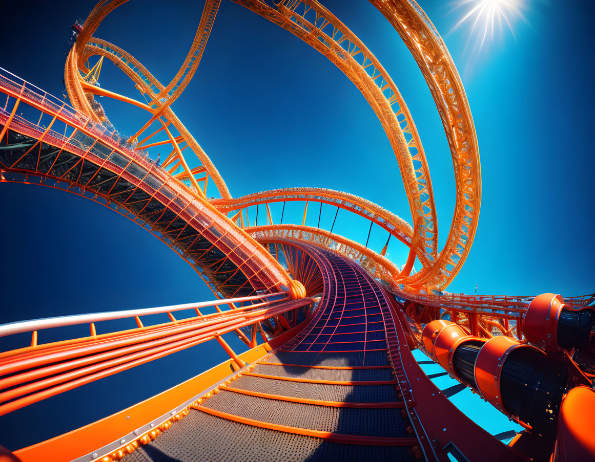 Bright orange roller coaster against deep blue sky with loops and twists.