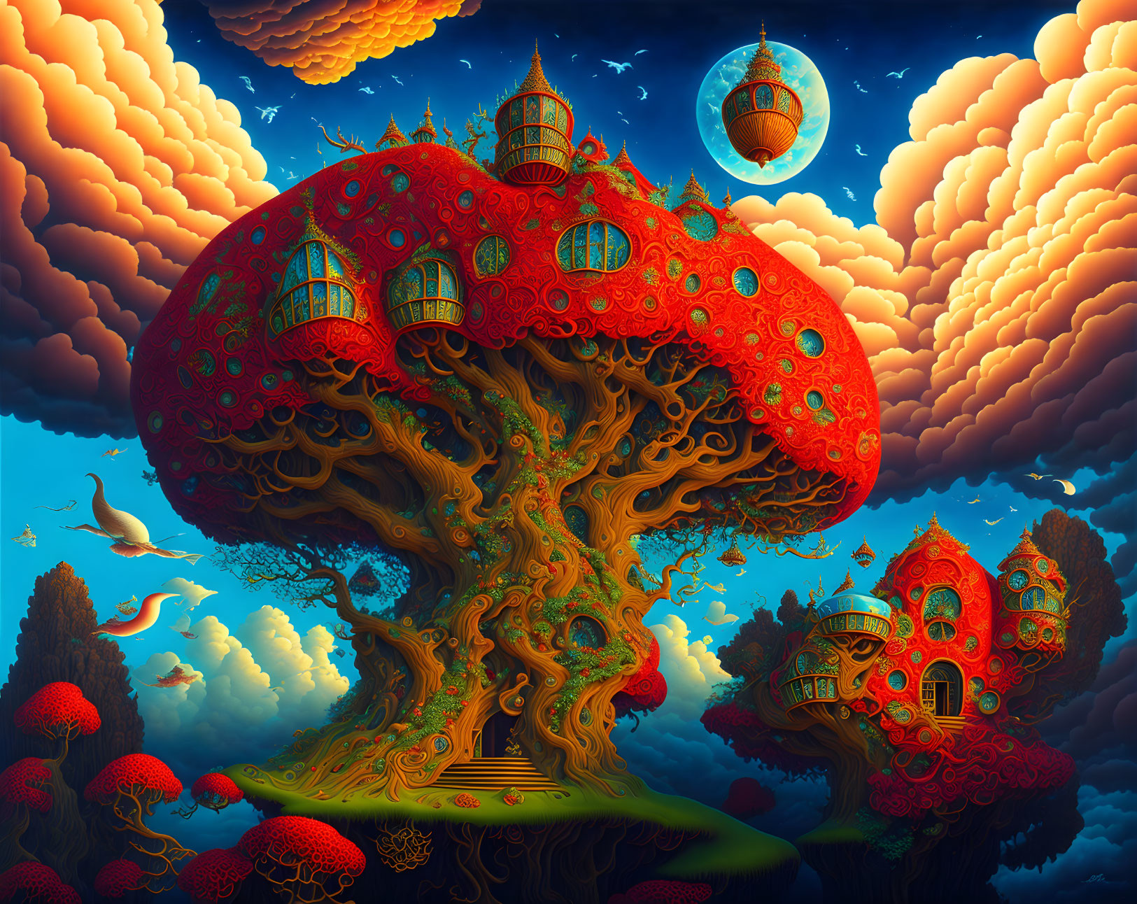 Vibrant whimsical scene: elaborate tree houses, mushroom-shaped trees, dramatic sky, floating orbs