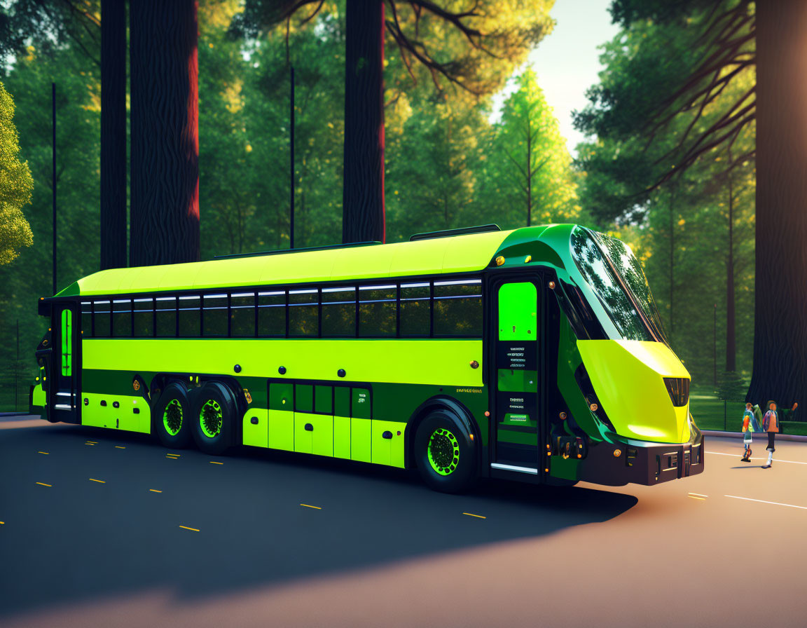 Modern Green Bus on Forest Road with Tall Trees and People