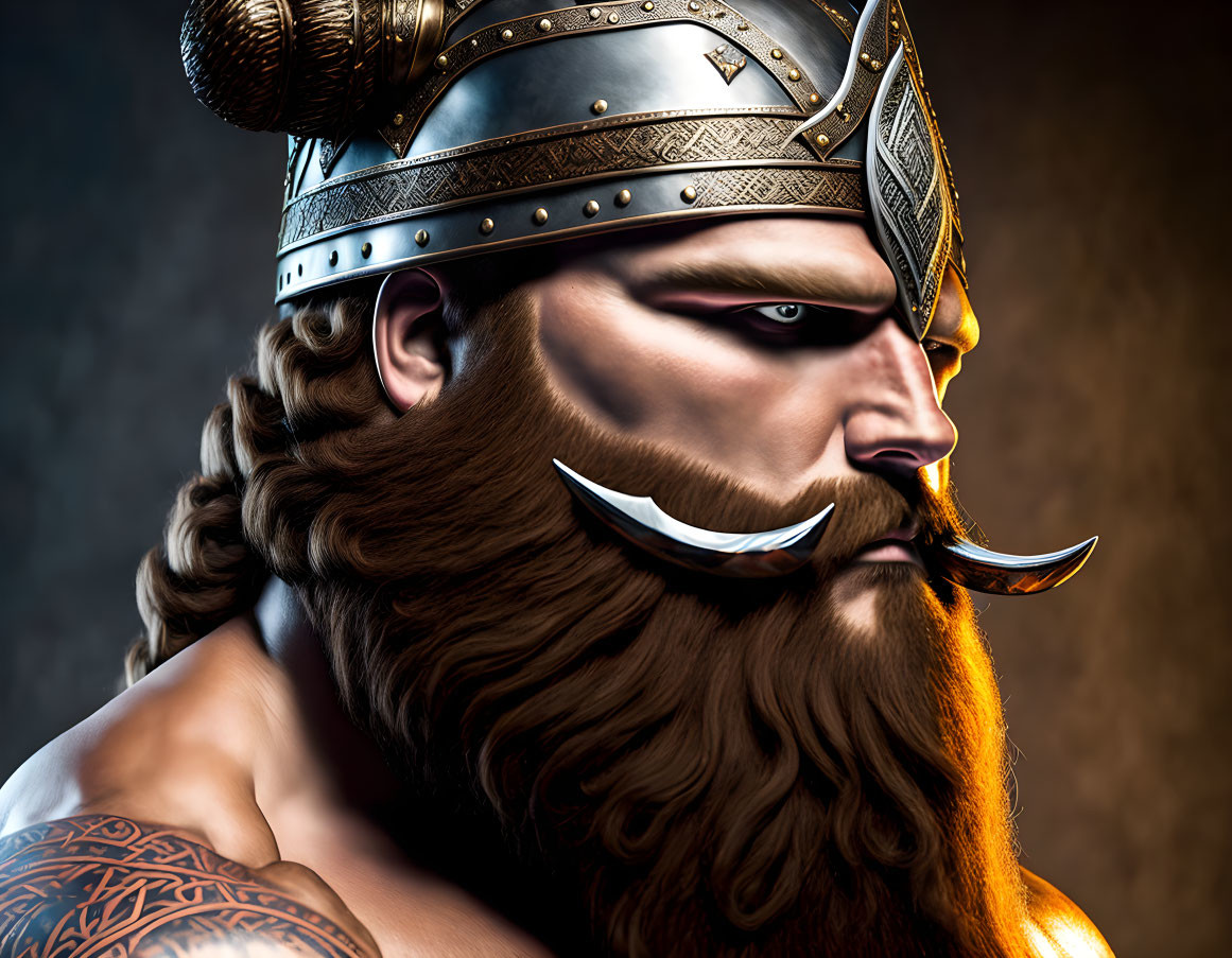 Detailed Viking warrior illustration with braided beard, ornate helmet, and shoulder tattoos