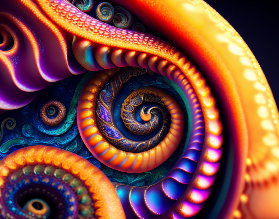 Colorful digital fractal art: Orange, blue, and purple swirls like a nautilus shell