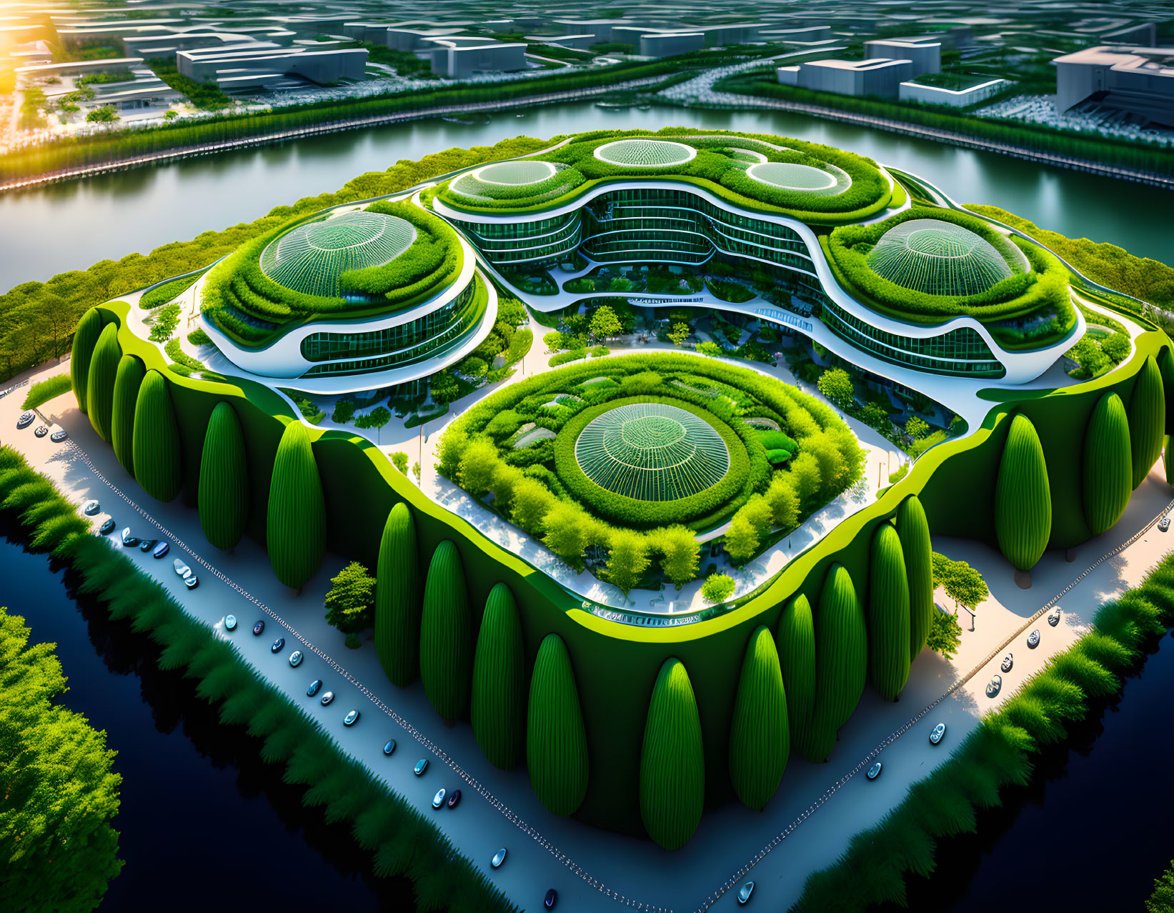 Modern eco-friendly building with green terraces, lush surroundings, and river view.