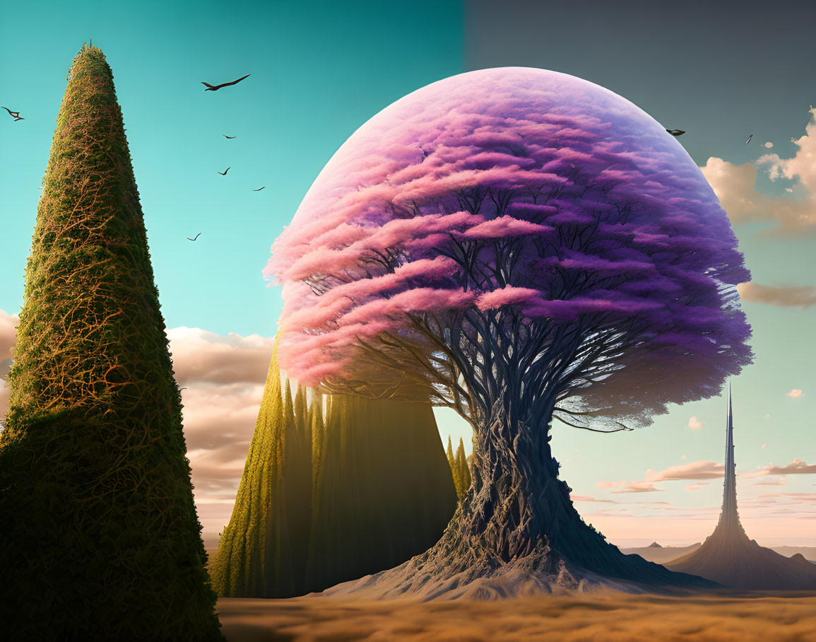 Surreal landscape with giant purple tree, moon, hills, and birds