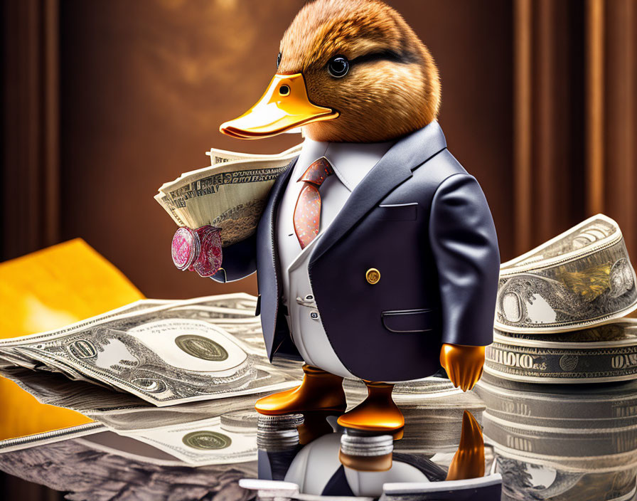 Cartoon duck in business suit surrounded by money piles