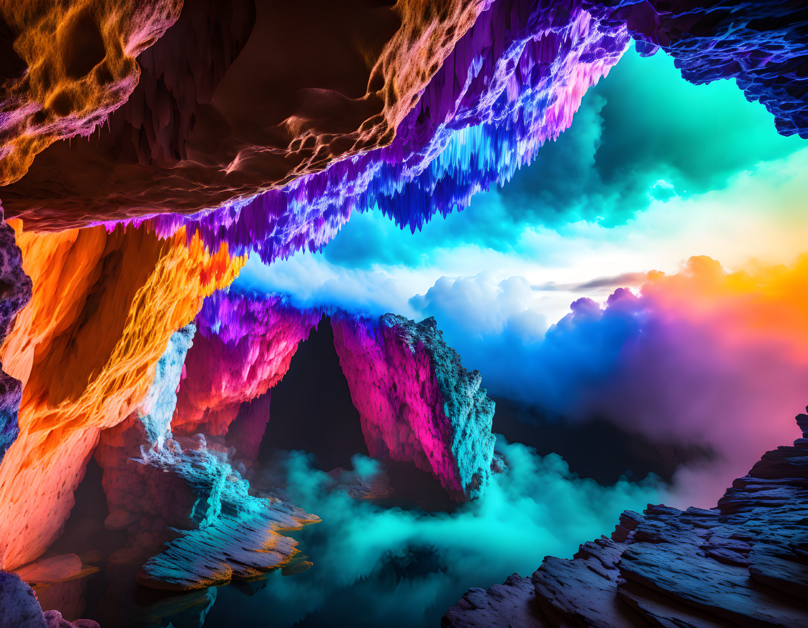 Colorful Glowing Stalactites in Digitally Enhanced Cave