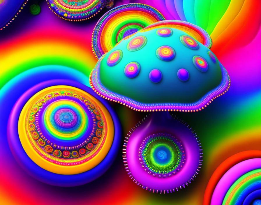 Colorful digital artwork with central dome shape and swirling circles