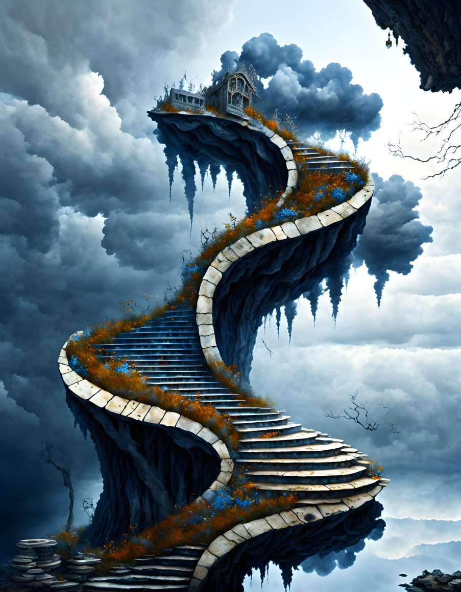 Surreal spiraling staircase in blue-toned sky landscape