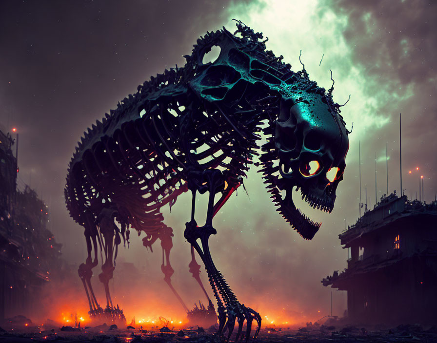 Enormous skeletal creature with electrified skull in dystopian landscape