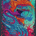 Vibrant dragon heads artwork in blue, orange, and green.