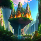 Fantastical landscape with floating islands, lush greenery, towering cliffs, and waterfalls