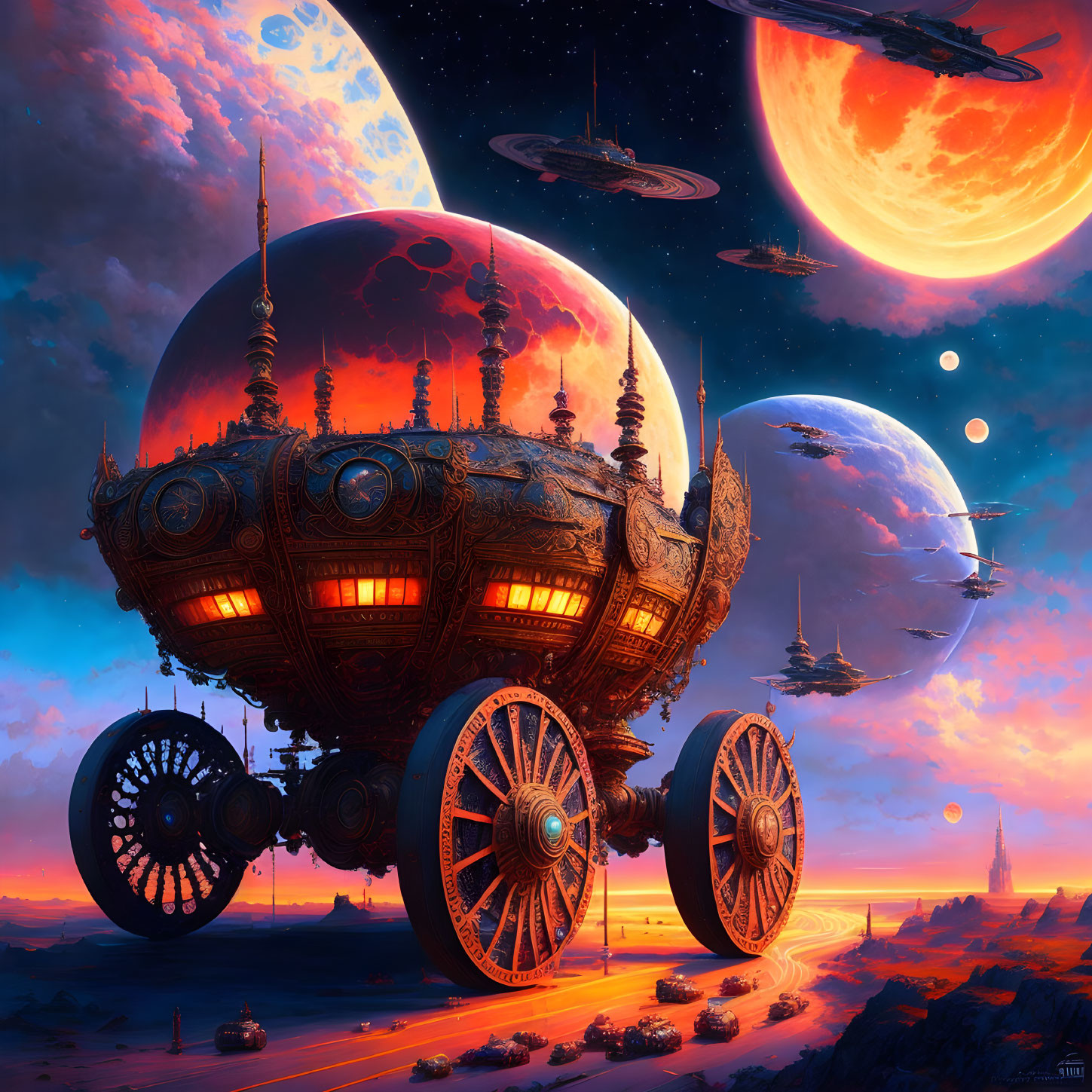 Sci-fi landscape with wheeled vehicle, floating ships, and colossal celestial bodies