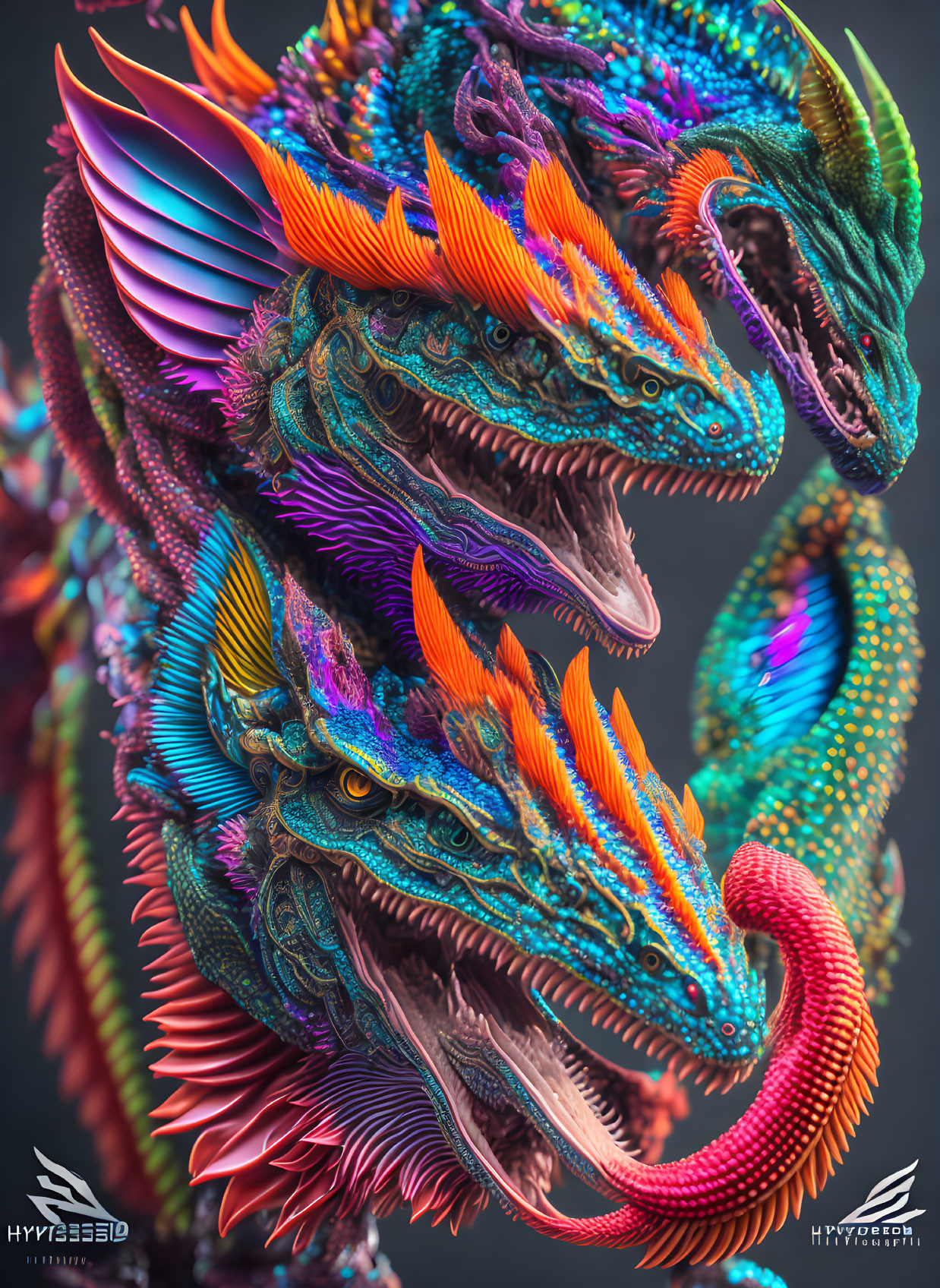 Vibrant Digital Art: Intertwining Dragon Heads with Detailed Scales