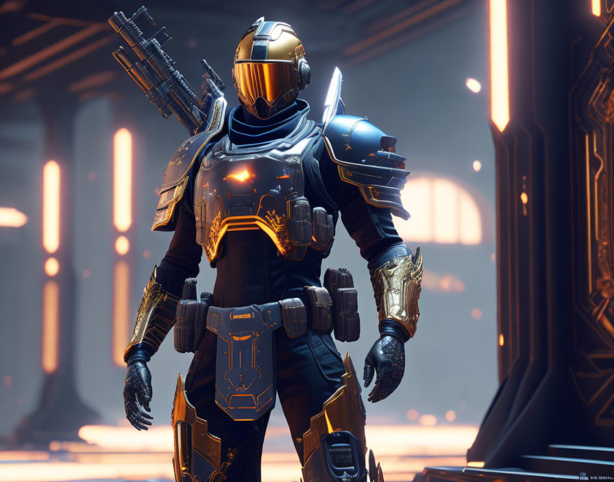 Futuristic soldier in black and blue armor with glowing orange lines in sci-fi corridor