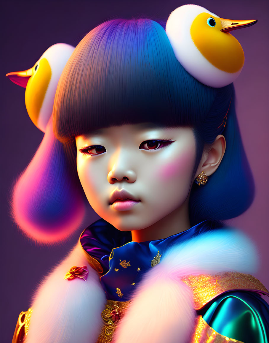 Digital artwork: Girl with bob haircut, ducks on shoulders, vivid makeup, colorful outfit