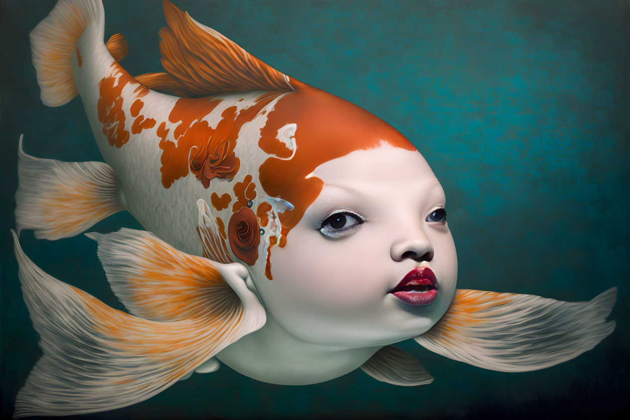 Surreal koi fish human face fusion with intricate patterns