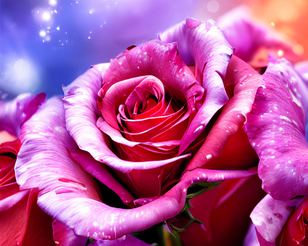 Colorful Purple Rose Bouquet on Cosmic Background with Stars