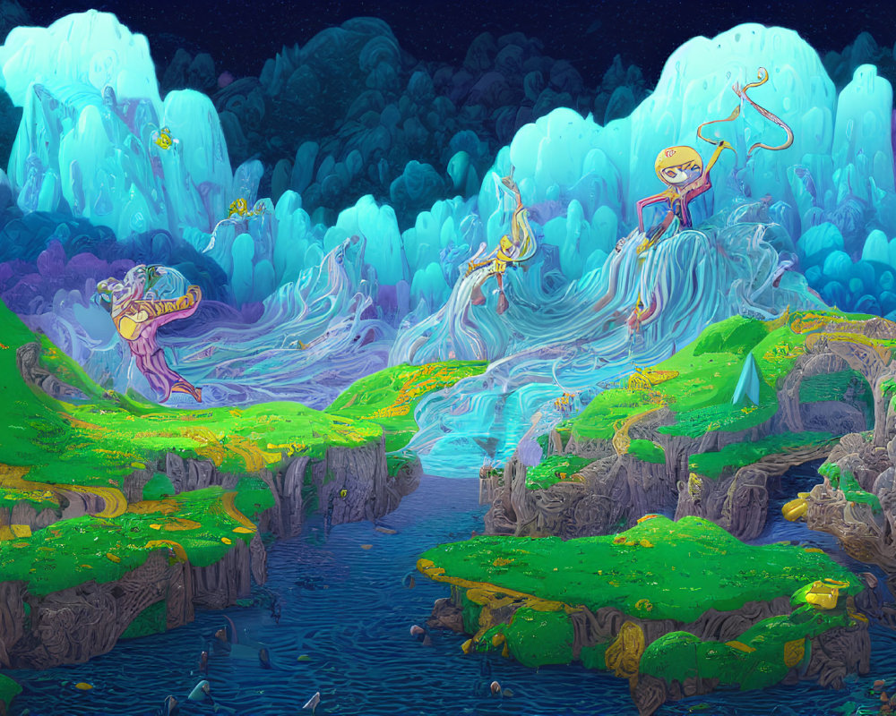 Surreal landscape with blue waterfalls, floating islands, and whimsical characters