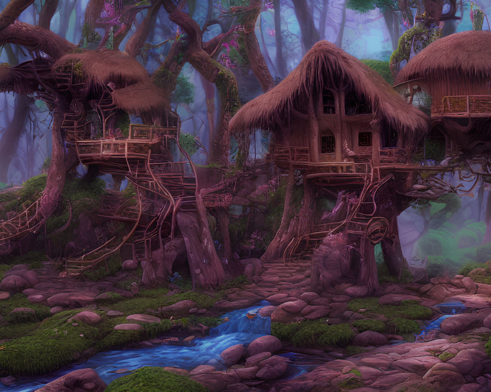 Thatched Roof Fantasy Tree Houses in Foggy Forest