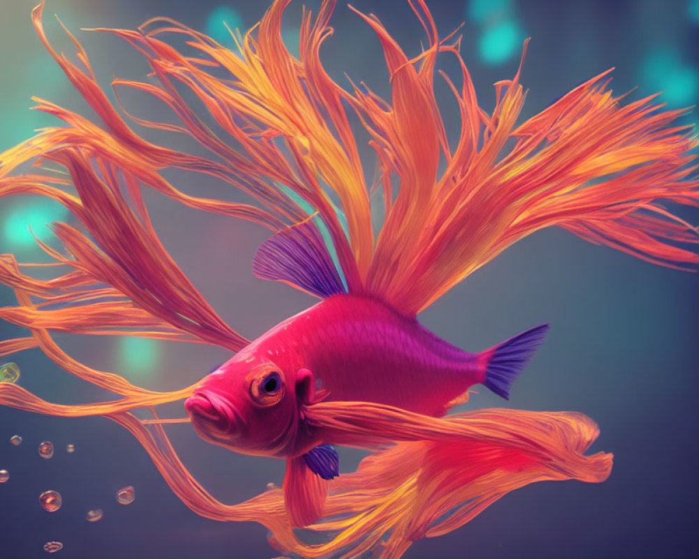 Colorful pink fish with orange fins swimming underwater in soft light and bubbles