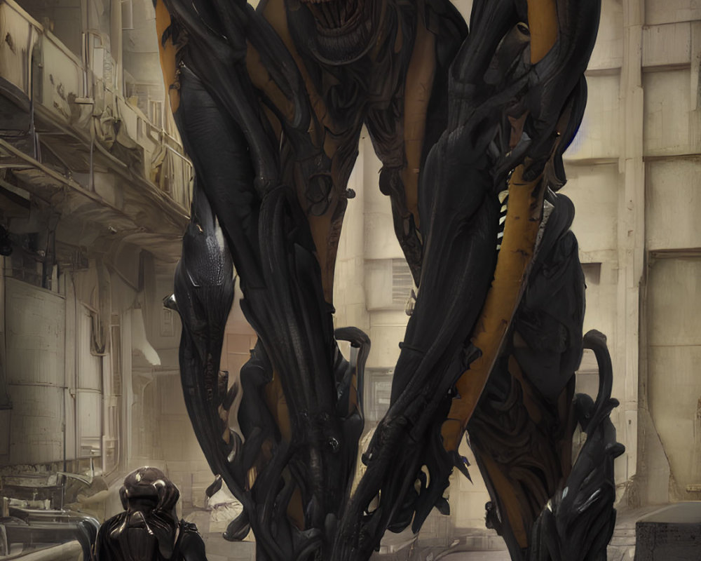 Giant alien creature with exoskeleton confronts figure in futuristic suit