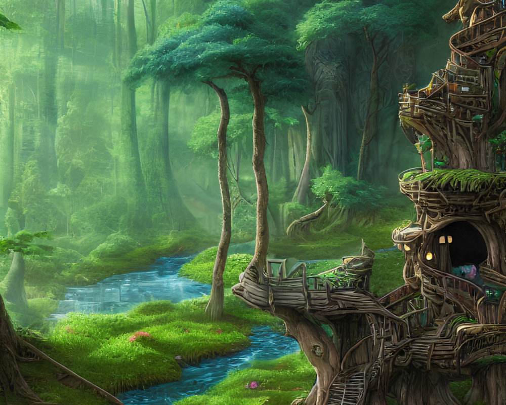 Mystical treehouse in enchanted forest near tranquil stream