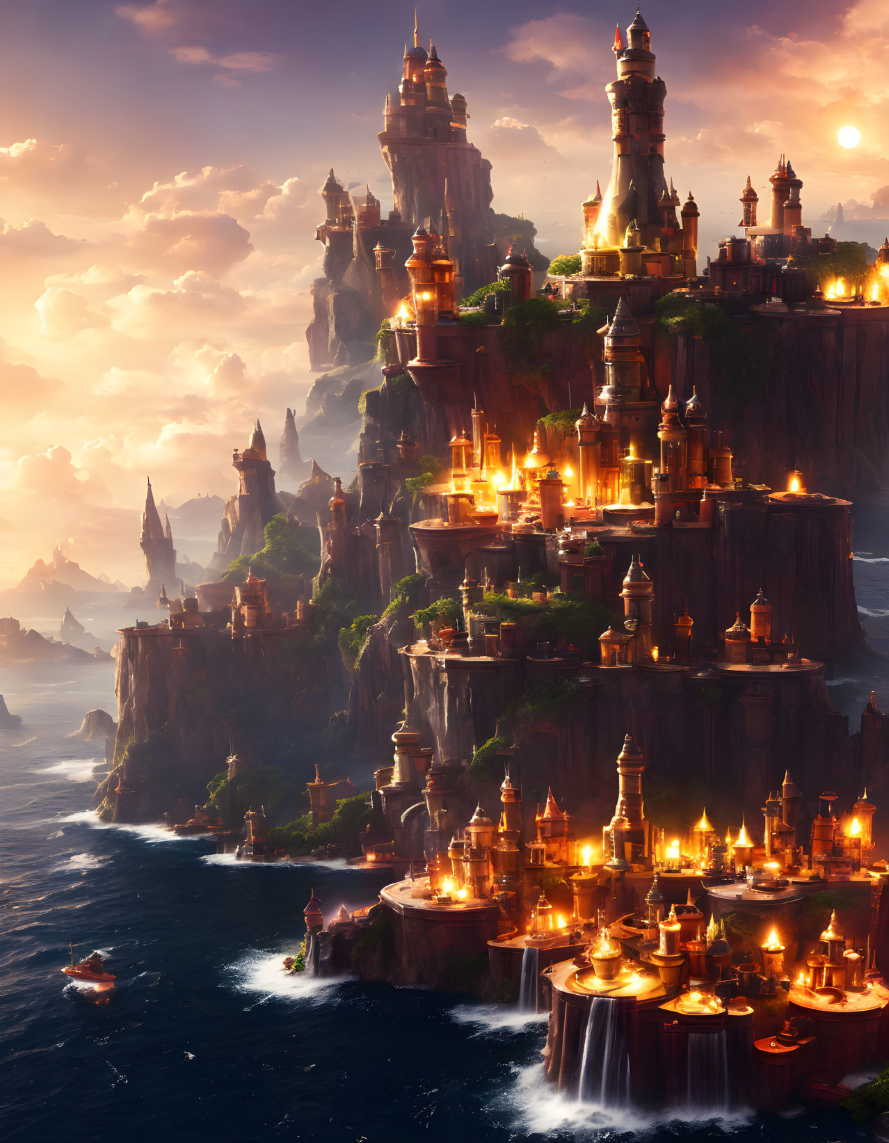 Cliffside city at sunset with glowing spires and boats