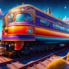 Colorful Fantasy Train with Golden Details on Track at Dusk