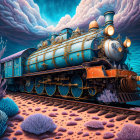 Ornate Blue and Gold Steam Locomotive Underwater with Coral and Sea Life