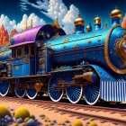 Blue and Gold Steam Locomotive on Tracks with Whimsical Architecture in Desert Landscape