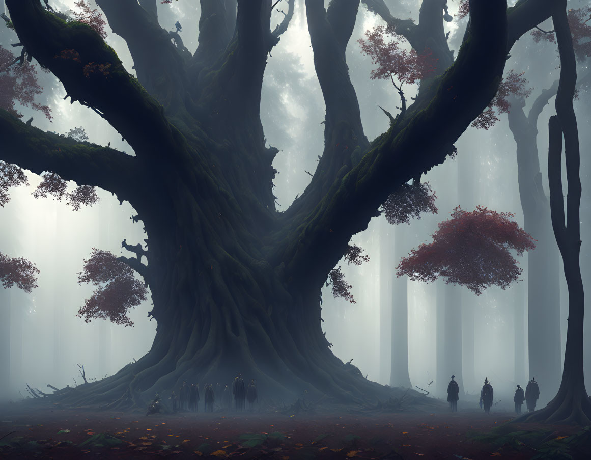 Enormous ancient tree in misty forest with tiny figures.