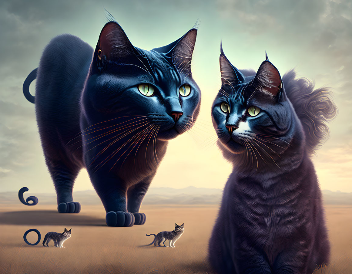 Stylized blue cats with glowing eyes in surreal landscape