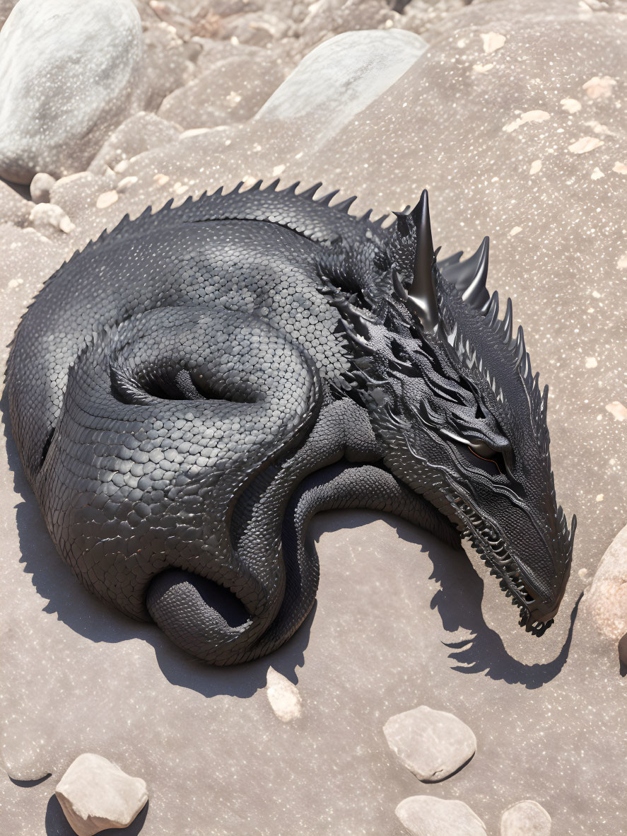 Intricate Black Dragon Sculpture on Pebbles and Rocks