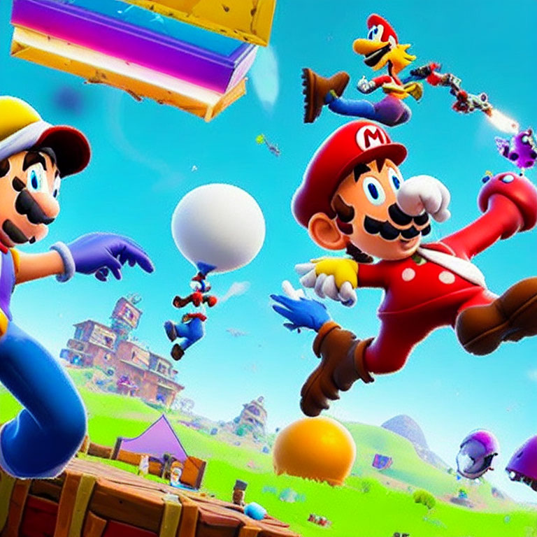 Dynamic Mario and Luigi characters in colorful scene.