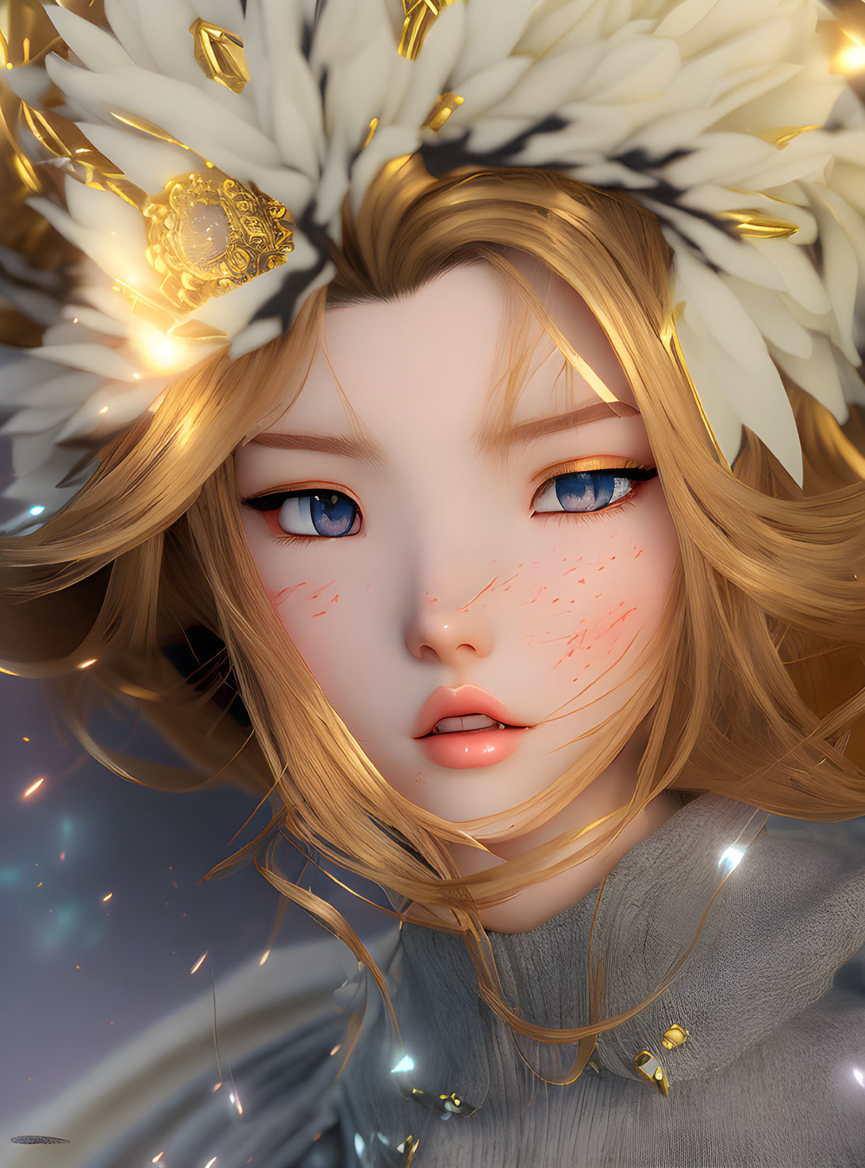 Stylized female character with blue eyes and golden accessories