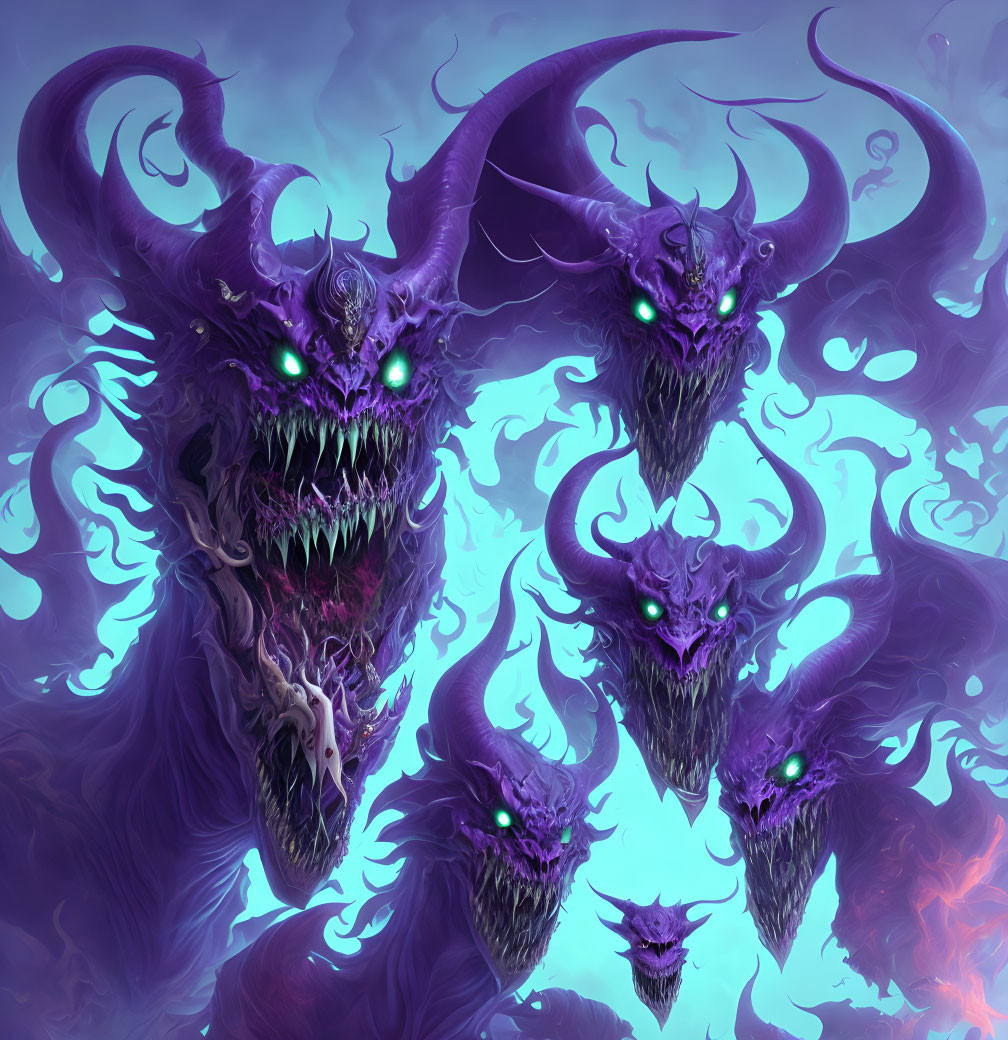 Digital Artwork: Menacing Purple Creatures with Green Eyes and Twisted Horns