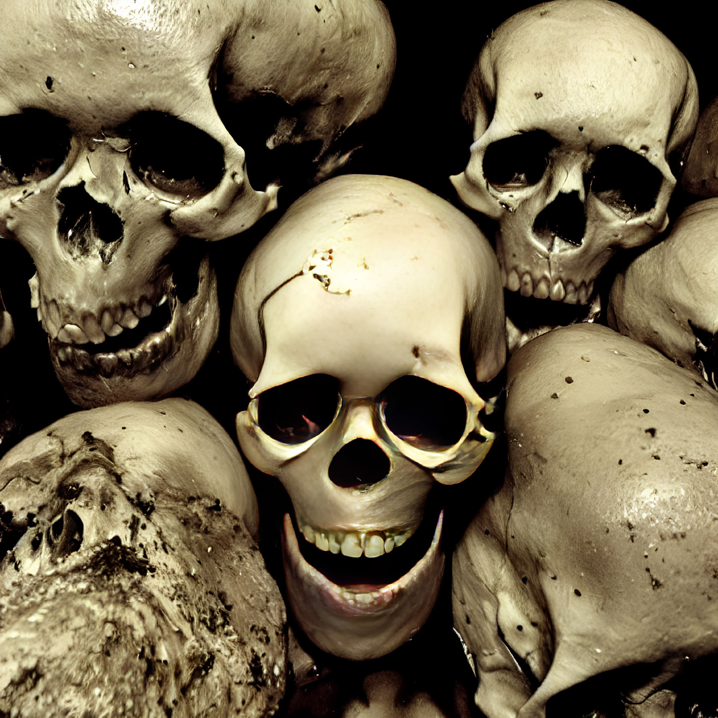 Human Skulls Piled with One Wearing Yellow Sunglasses