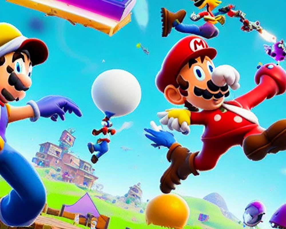 Dynamic Mario and Luigi characters in colorful scene.