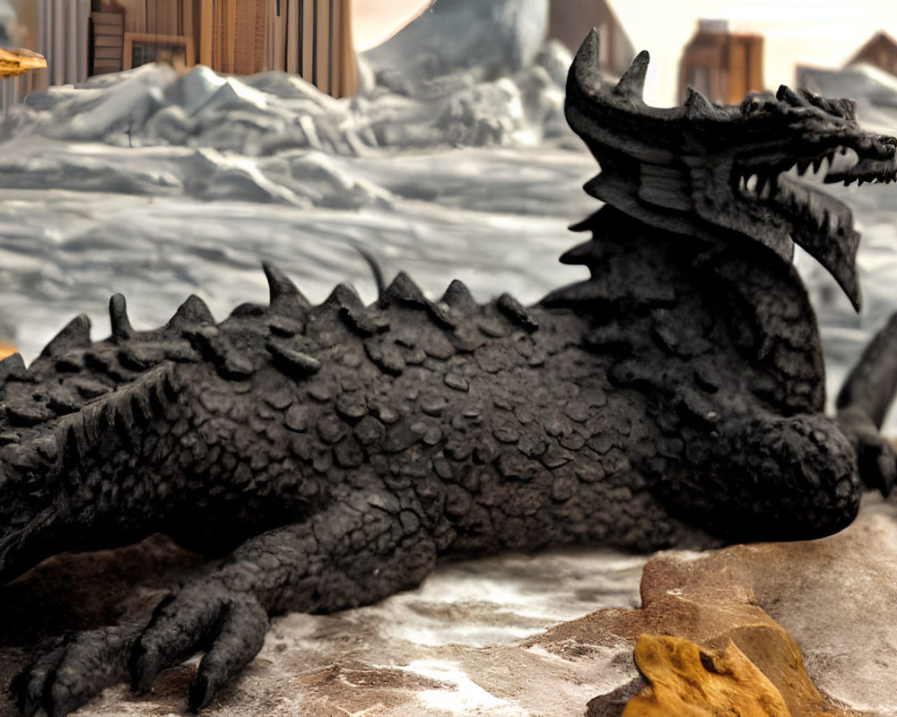 Black dragon with multiple horns on rocky terrain amid snow-covered mountains.