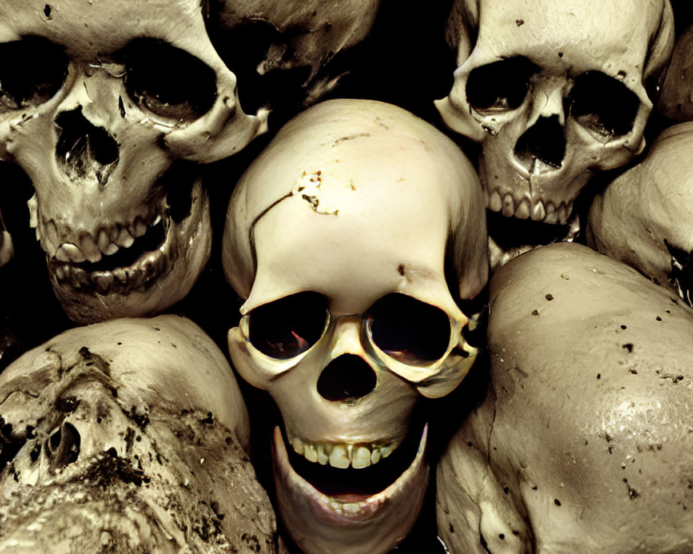 Human Skulls Piled with One Wearing Yellow Sunglasses