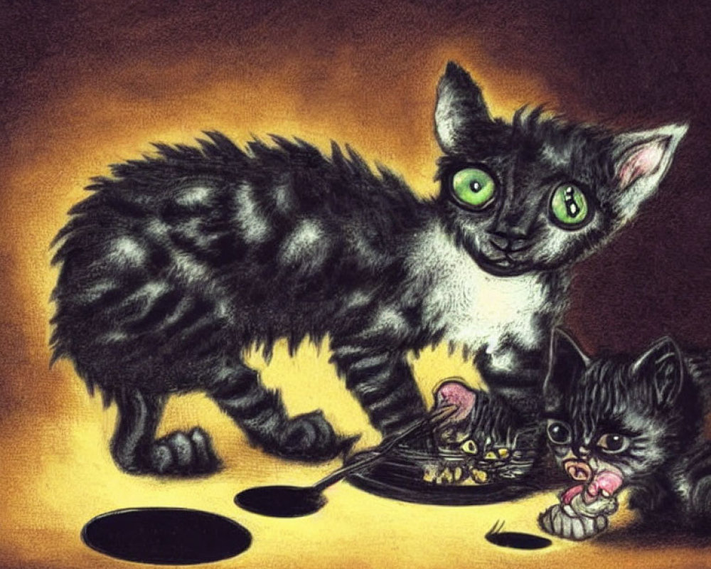 Two cartoon kittens with large green eyes in a warm, dark setting