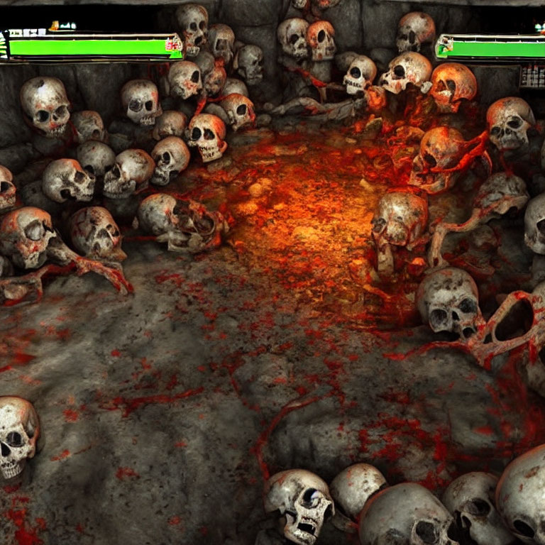 Eerie lava pit with skulls and bones, overlaid with video game interface